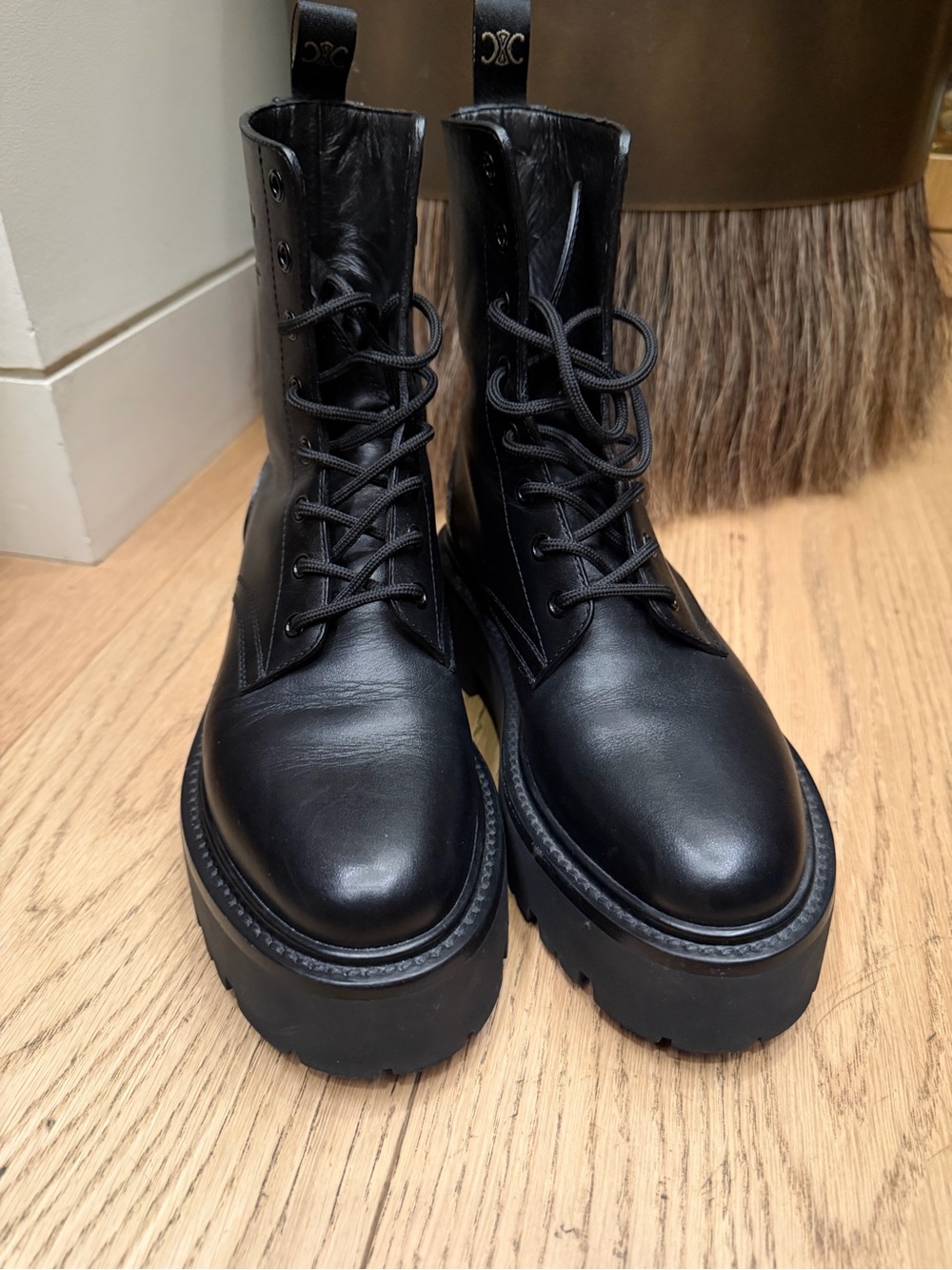 Celine Black Leather Platform Combat Boots - Women